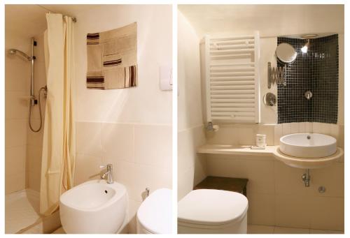 莱切Apartments Bedlecce的浴室的两张照片,配有卫生间和水槽
