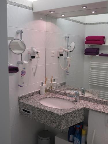 贝阿滕贝格Apartments Seeblick mit Anbindung an ein 4-Sterne-Hotel的一间带水槽和镜子的浴室