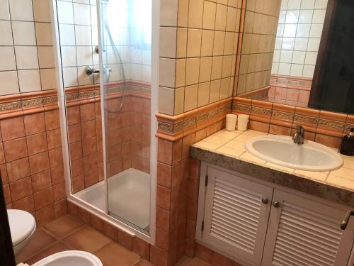 贝纳吉Seaview Benagil Villa 15的带淋浴、盥洗盆和卫生间的浴室