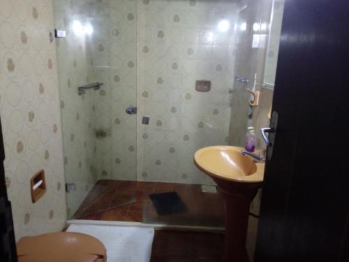 新弗里堡hostel MdeMarilia的一间带水槽和淋浴的浴室