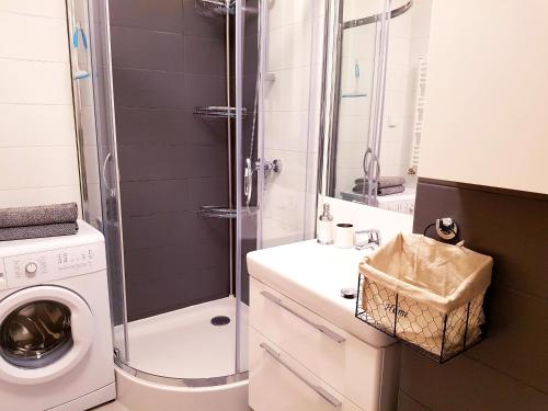 加茨比亚格拉ApartMorze apartamenty Fregata的带淋浴和洗衣机的浴室