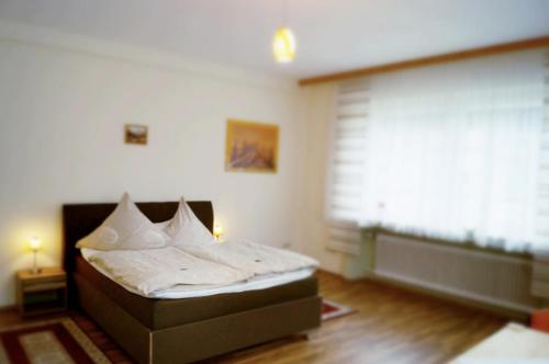 伦格里希Hotel-Cafe Maxx的一间卧室设有一张床和一个大窗户