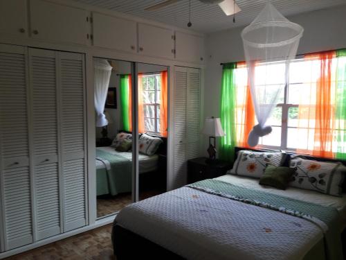 洛尼湾村Bonne View Villa的一间卧室配有一张床和镜子