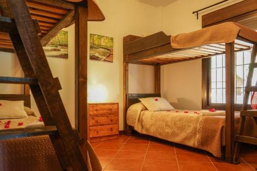 埃尔乔罗卡米尼托德雷乡村民宿的一间卧室设有两张双层床和一扇窗户。