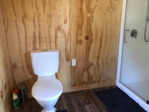 特卡波湖Mount Cook Station Huts的浴室配有白色卫生间和淋浴。