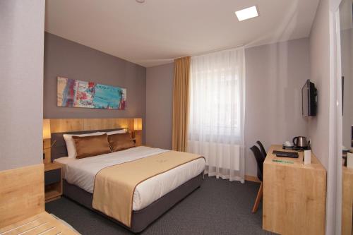 腓特烈港Casa Constanza Hotel Garni的一间卧室配有一张床和一张书桌及电视