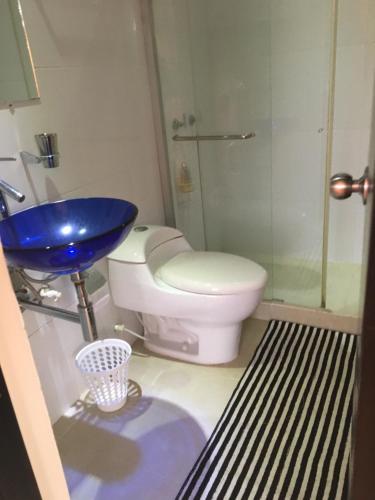 塔甘加Tindari的一间带卫生间和蓝色水槽的浴室