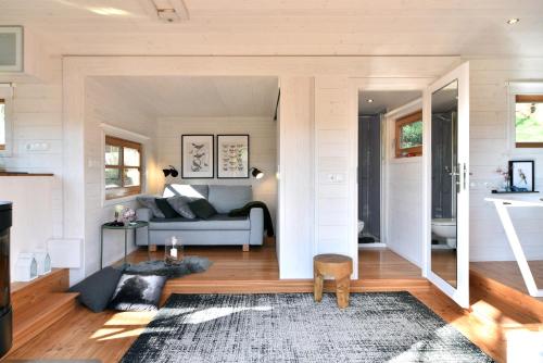 特里尔Tiny House Dreischwesternherz的带沙发和地毯的客厅