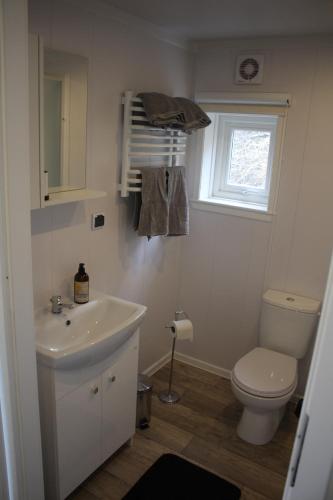 孔斯巴卡Stuga på Hammarbergs Gård的一间带水槽和卫生间的浴室以及窗户。