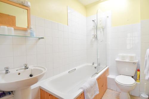 GlasburyFerryman's Cottage的浴室配有盥洗盆、卫生间和浴缸。