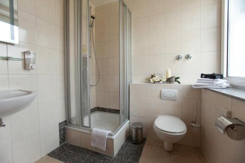 杜塞尔多夫彼得堡高级禁烟酒店的带淋浴、卫生间和盥洗盆的浴室