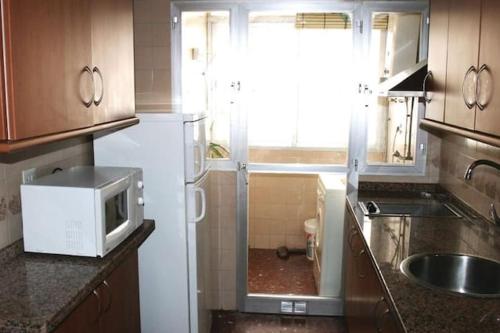 阿尔姆尼卡Has encontrado lo que buscabas...的厨房配有白色冰箱和微波炉