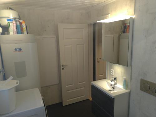 松达尔Sogndal ski- and mountain cabin的一间带水槽、卫生间和镜子的浴室