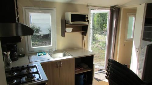 圣乔治-德迪多讷Mobil Home 3 ch的一间带水槽和微波炉的小厨房