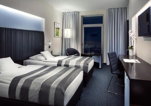 特鲁特诺夫Sport & Relax Hotel Davidek的酒店客房配有两张床和一张书桌