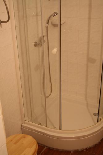斯普利特旁塔斯卡公寓的浴室里设有玻璃门淋浴