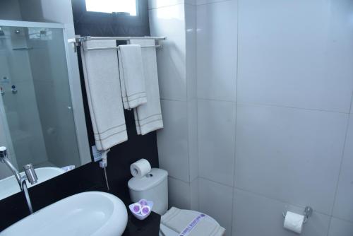 大坎皮纳大坎皮纳康福特村酒店的浴室配有盥洗盆、卫生间和毛巾。