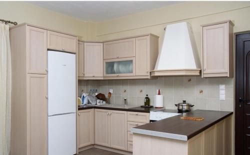 StróponesHouse Evia的厨房配有白色橱柜和白色冰箱。