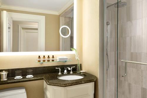 渥太华Fairmont Chateau Laurier Gold Experience的一间带水槽和淋浴的浴室