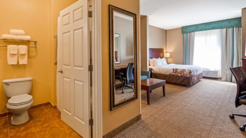 多森Best Western Dothan Inn & Suites的酒店客房设有床、卫生间和镜子