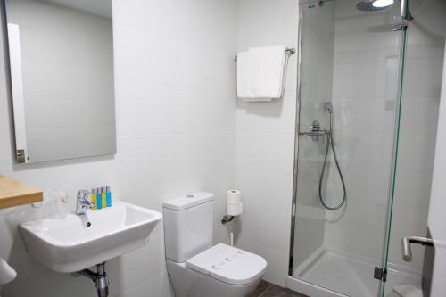 Doneztebe阿美希亚旅馆的浴室配有卫生间、盥洗盆和淋浴。