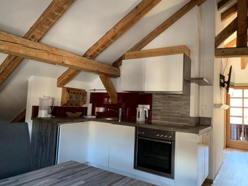 普鲁茨卢茨花园公寓的一间厨房,配有白色家电和木制天花板