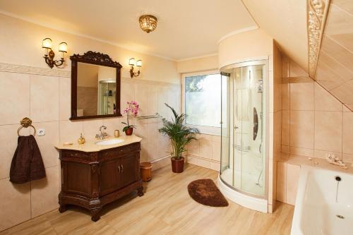 塞费塔尔Ferienhaus De Luxe的一间带水槽、淋浴和镜子的浴室