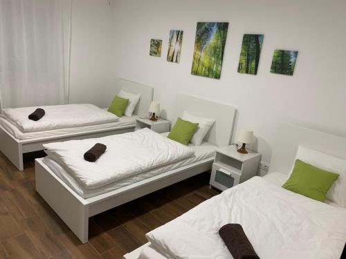 SajószentpéterLili Motel的绿色和白色的客房内的三张床