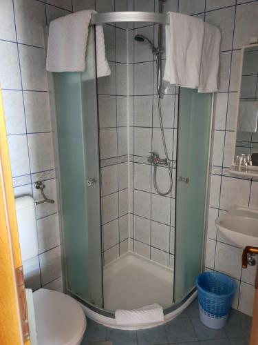 卡斯塔夫Villa Mira的带淋浴、卫生间和盥洗盆的浴室