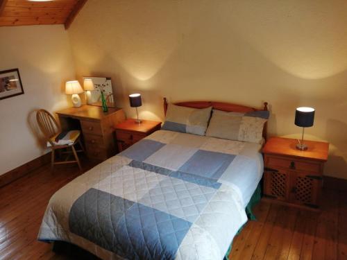 基拉尼Tig Rua的一间卧室配有一张床和一张带两盏灯的书桌。