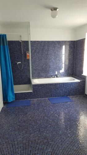 柏林Beautiful House in Zehlendorf的带浴缸的浴室和蓝色瓷砖地板。