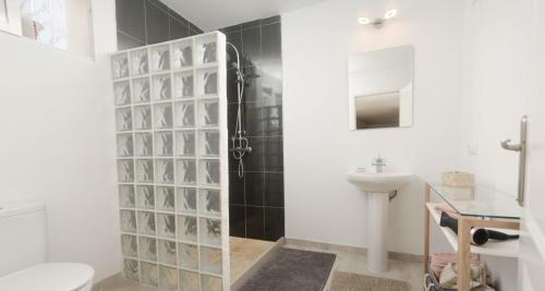 纳萨雷特Casa Mirlo的带淋浴、卫生间和盥洗盆的浴室