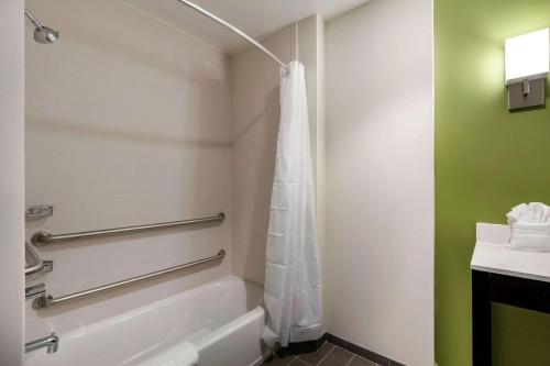 坦帕Sleep Inn & Suites Tampa South的带浴缸和淋浴帘的浴室