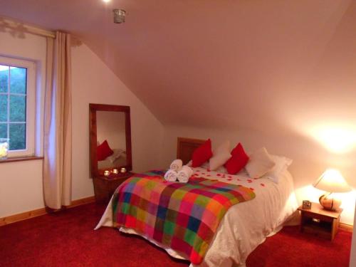 Lomanaghtranquil apartment near Kenmare的一间卧室配有一张带彩色毯子的床