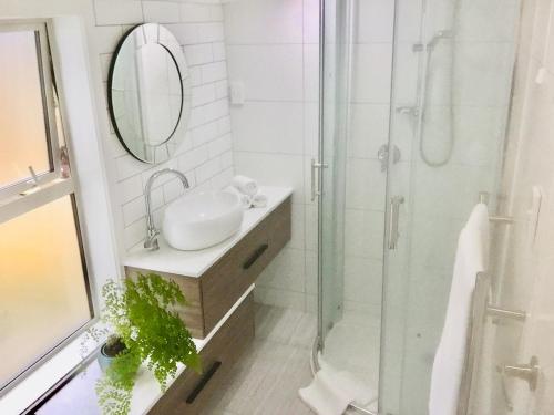 基督城G- HOUSE (CH-CH)的浴室配有盥洗盆和带镜子的淋浴