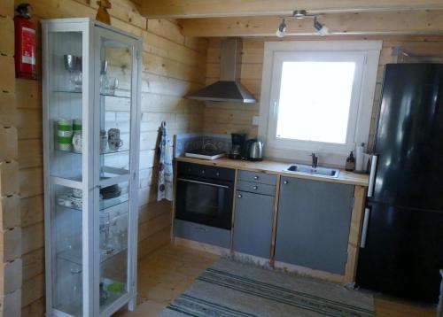 阿尔维卡Fröya Timber Cottage的厨房配有冰箱、水槽和窗户。