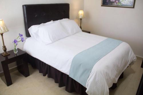 奇格纳瓦潘Hotel Nube Nueve的一间卧室配有一张白色大床和黑色床头板