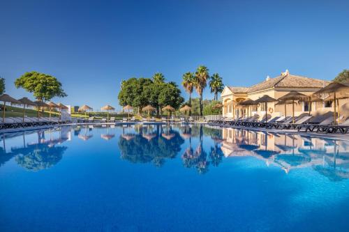 赫雷斯-德拉弗龙特拉巴瑟罗蒙蒂卡斯提罗高尔夫酒店的一个带椅子和棕榈树的游泳池