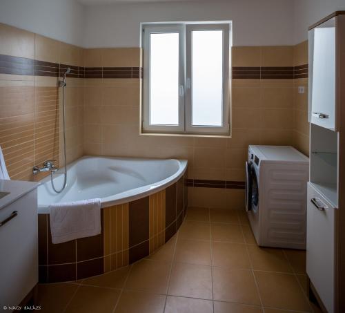 豪伊杜索博斯洛IKON apartman的带浴缸的浴室和窗户