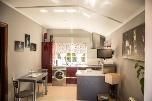 里瓦德奥Apartamento Amieiro的厨房配有桌子、水槽和微波炉