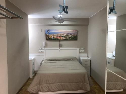 马拉加Apartments soho, Malaga center的卧室配有一张床,墙上挂有绘画作品