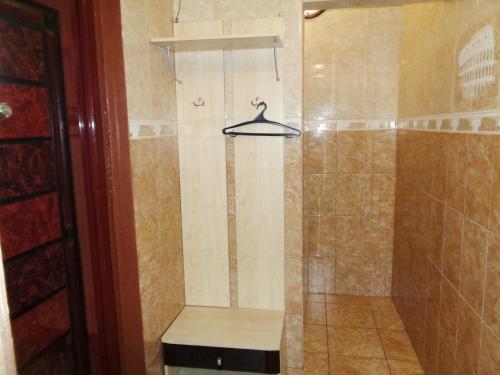 克拉斯诺亚尔斯克Apartments Baturina 20 (5etag)的浴室内设有带衣架的淋浴