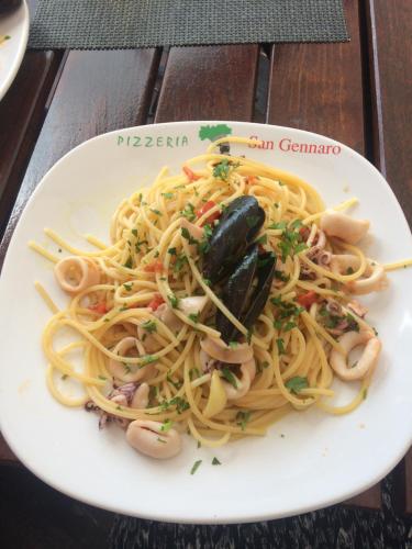 密古雷休治Pensiunea San Gennaro的桌上有一盘面食和贝类