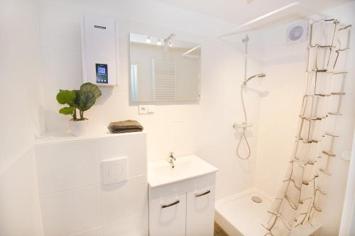 洛斯海姆Ferienwohnung BECKENDORF的白色的浴室设有水槽和淋浴。
