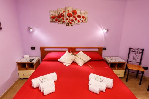 特乌拉达Rio Launaxi Guest House的一间卧室配有红色的床和毛巾