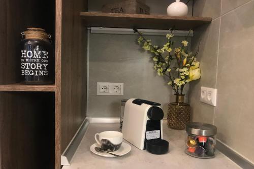 敖德萨Sunny Belle Apartments的厨房柜台配有咖啡机和烤面包机
