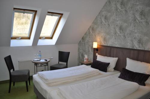 WanderslebenPension Freudenthal的一间卧室配有两张床和一张桌子及椅子