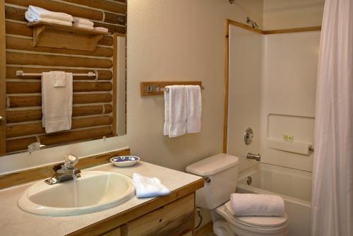StanleyRedfish Riverside Inn的一间带水槽、卫生间和淋浴的浴室