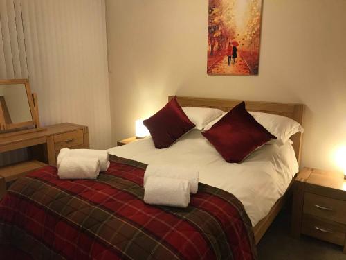 因弗内斯exploreNESS Apartment的一间卧室配有一张带红色和白色枕头的大床