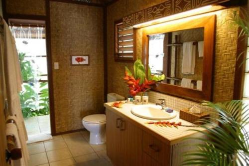 拉罗汤加拉罗汤加岛海滩简易别墅酒店的一间带水槽、卫生间和镜子的浴室